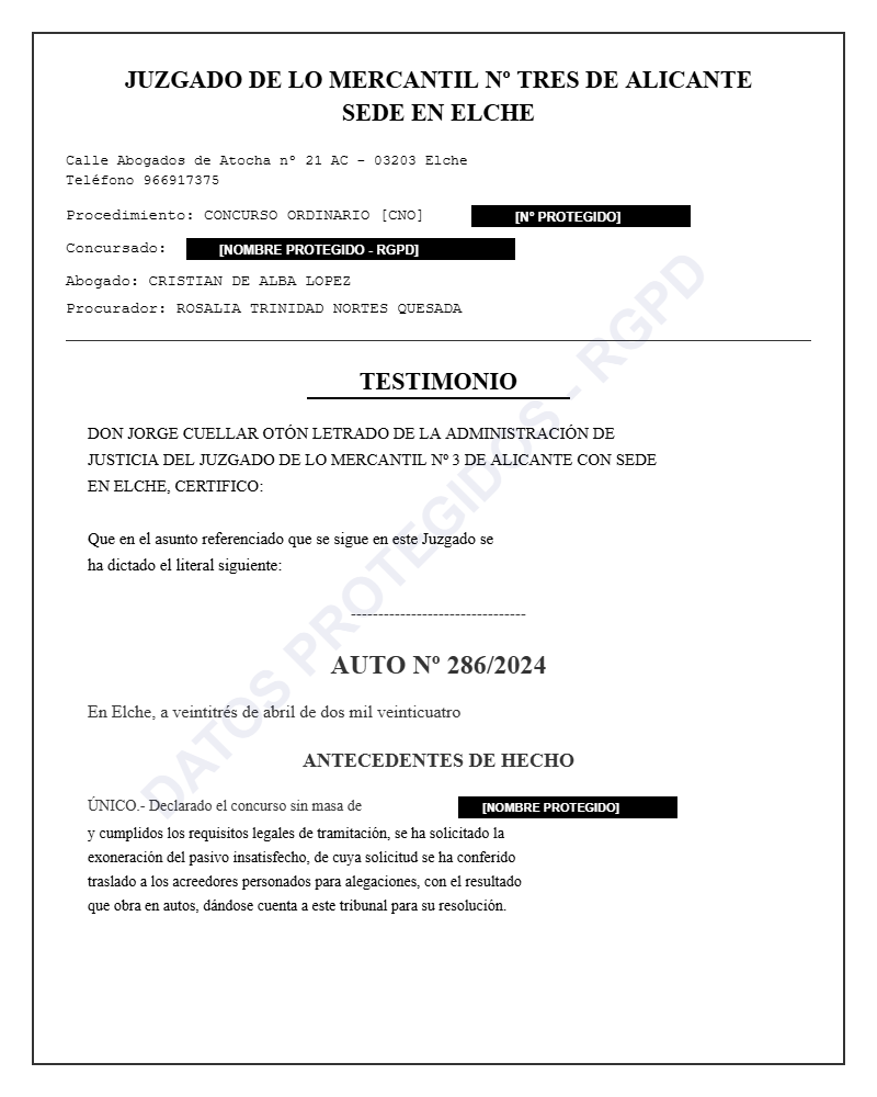 Caso de éxito Ley de Segunda Oportunidad - Auto de Exoneración primera página
