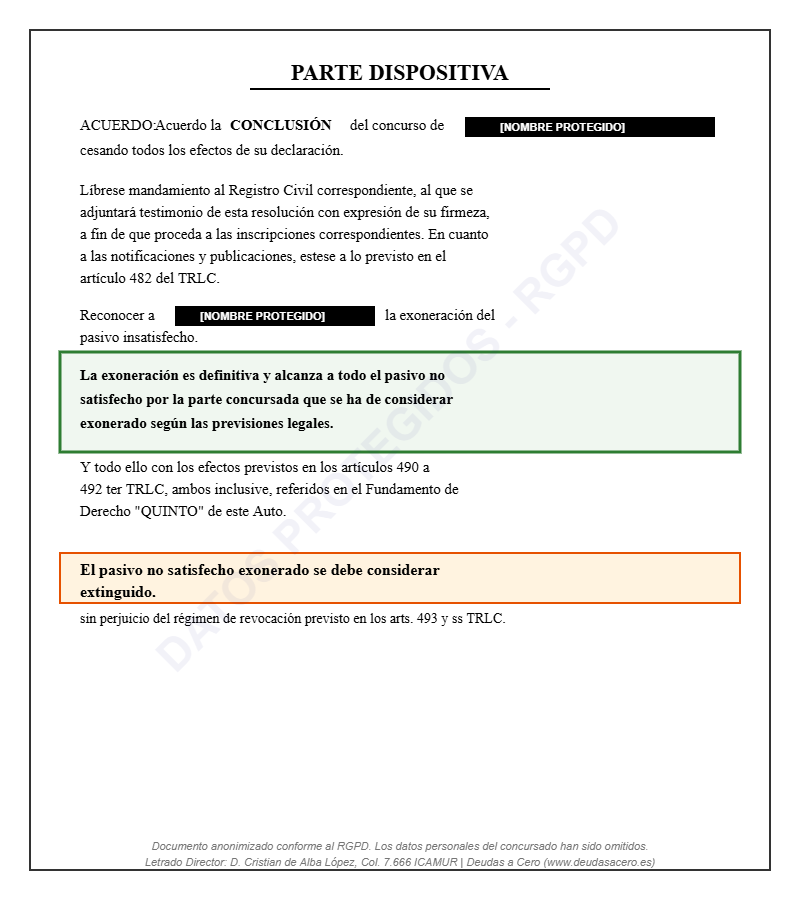Caso de éxito Ley de Segunda Oportunidad - Parte Dispositiva del Auto de Exoneración